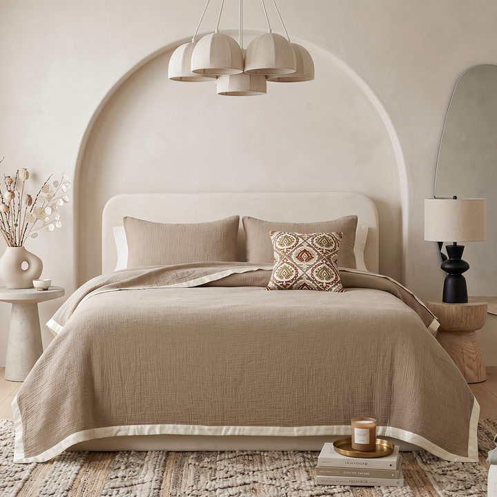 Dune Harmony Mulmul Bed Spread with Embroidered Cushion Covers