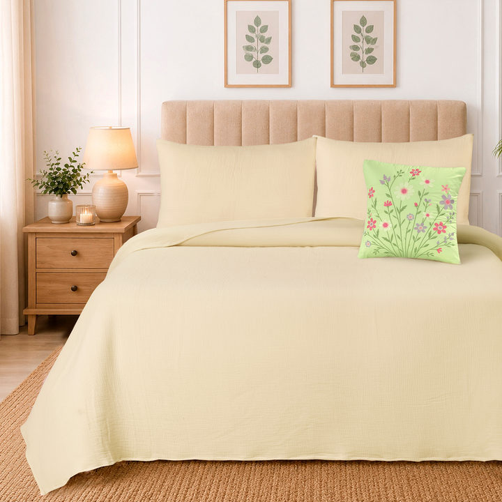 Bloom Elan Mulmul Bed Spread with Embroidered Cushion Covers