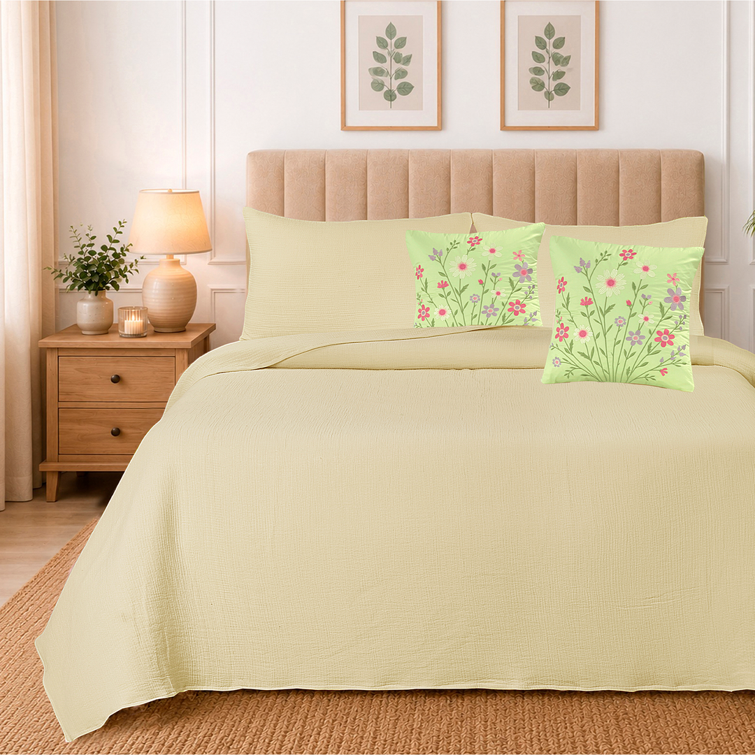 Bloom Elan Mulmul Bed Spread with Embroidered Cushion Covers