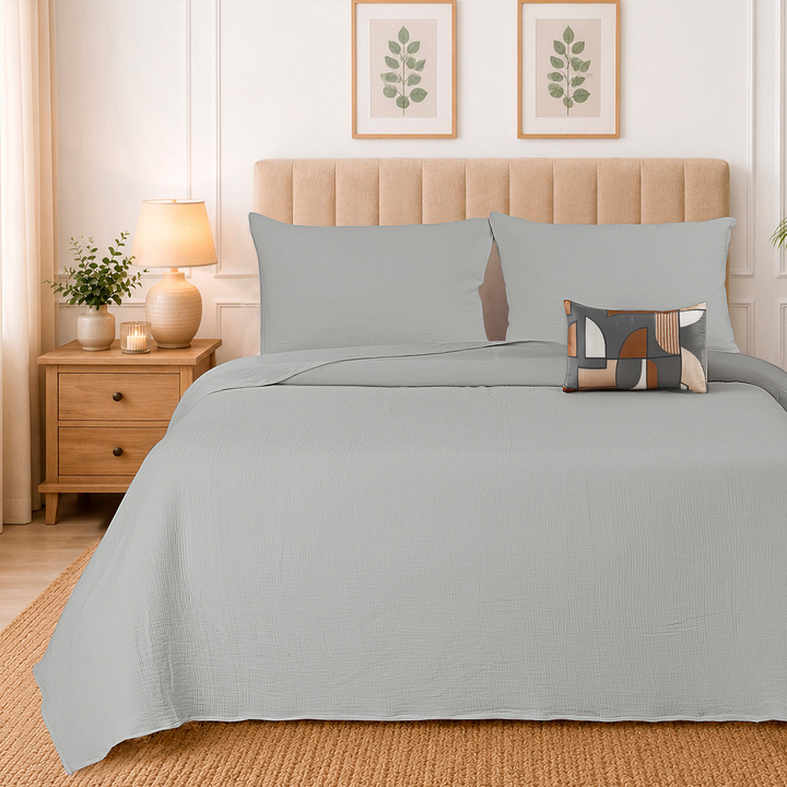 Silver Cloud Elan Mulmul Bed Spread with Embroidered Cushion Covers