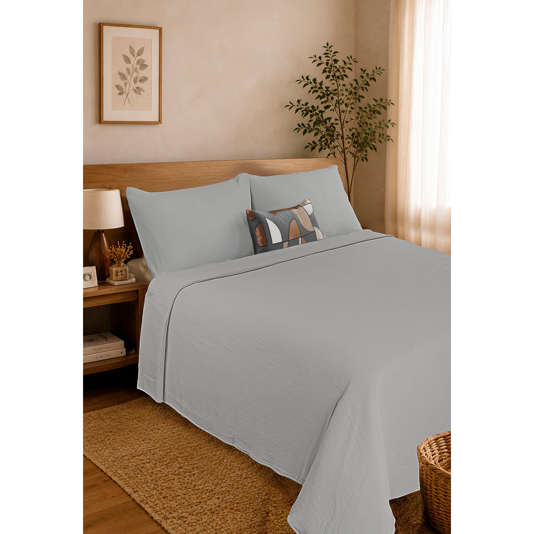Silver Cloud Elan Mulmul Bed Spread with Embroidered Cushion Covers