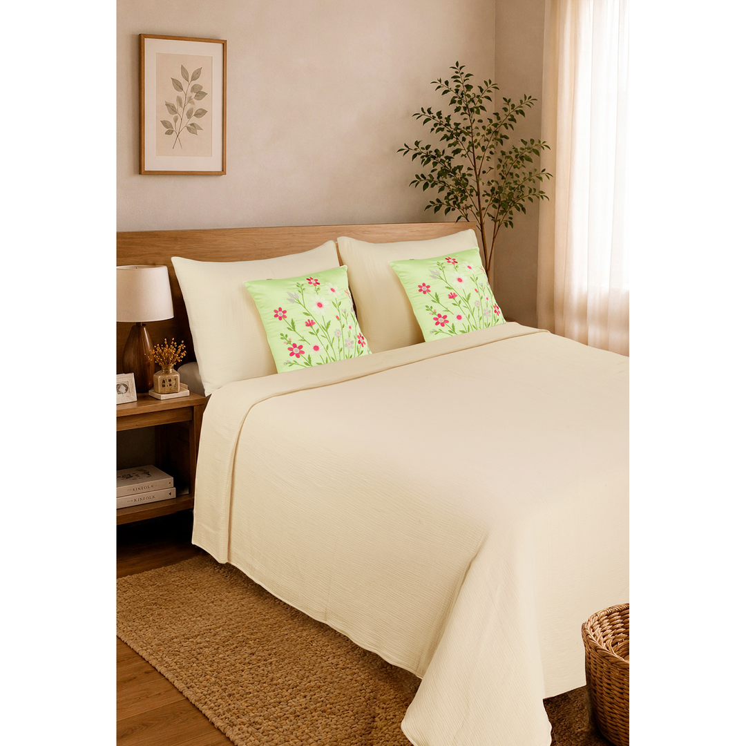 Bloom Elan Mulmul Bed Spread with Embroidered Cushion Covers