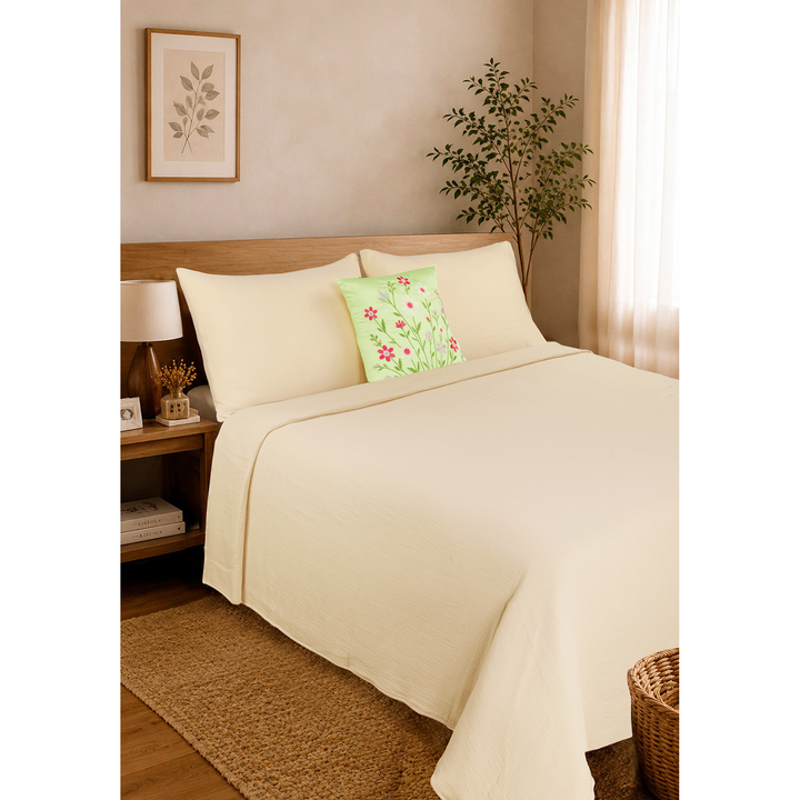 Bloom Elan Mulmul Bed Spread with Embroidered Cushion Covers
