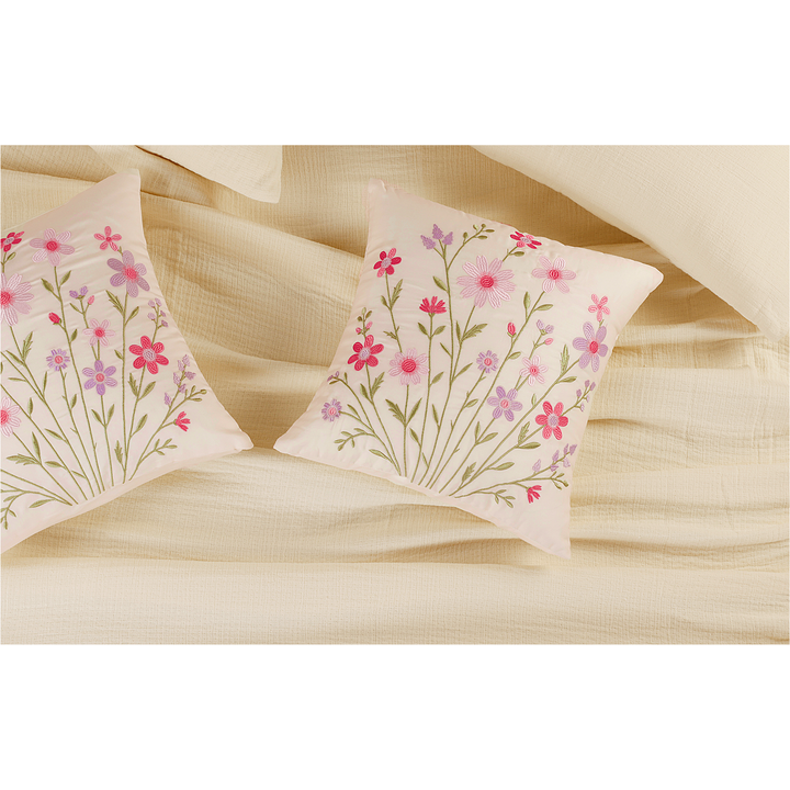 Bloom Elan Mulmul Bed Spread with Embroidered Cushion Covers