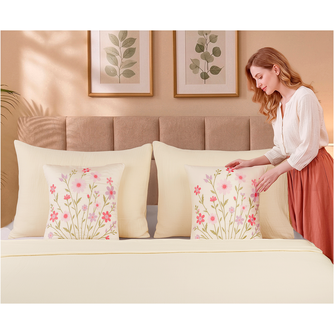 Bloom Elan Mulmul Bed Spread with Embroidered Cushion Covers