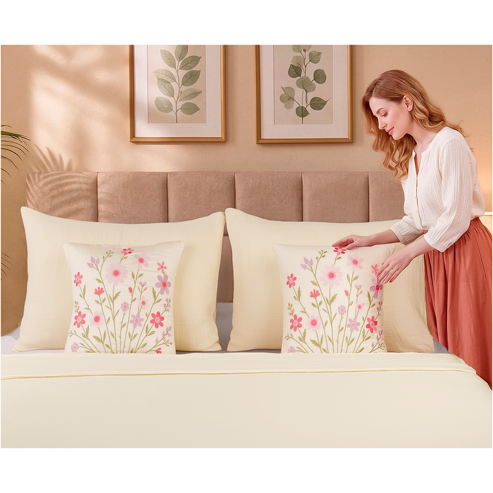 Bloom Elan Mulmul Bed Spread with Embroidered Cushion Covers