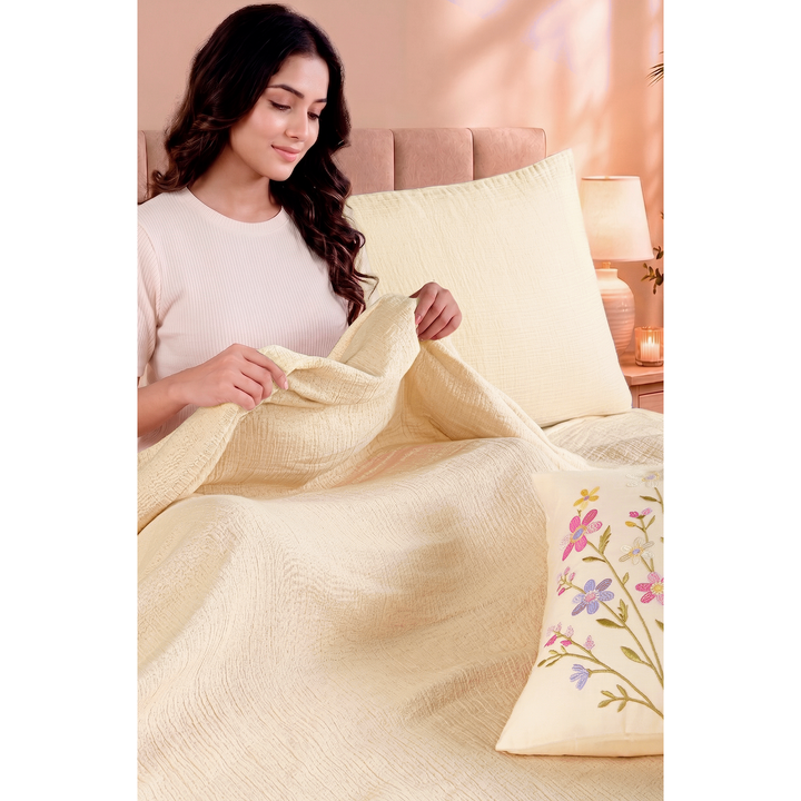 Bloom Elan Mulmul Bed Spread with Embroidered Cushion Covers