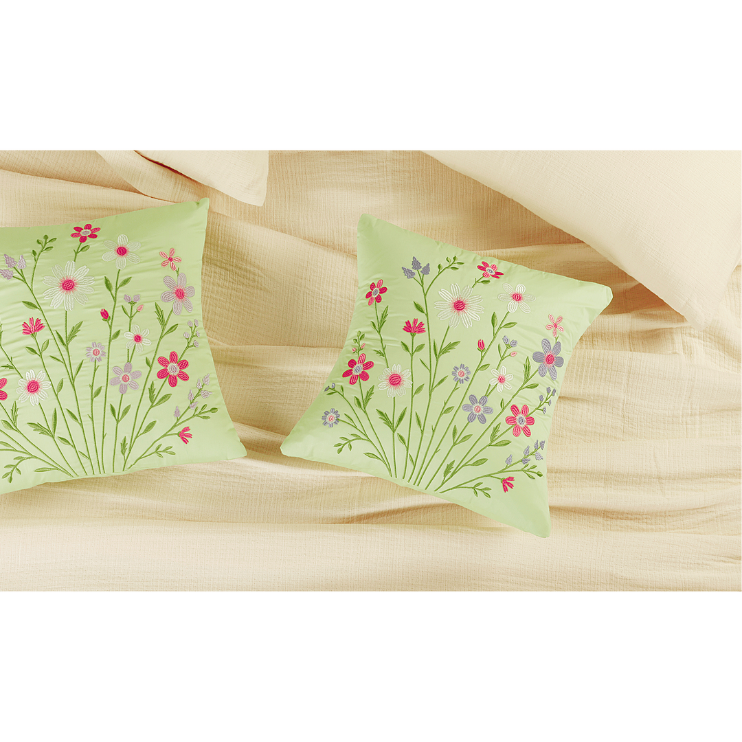 Bloom Elan Mulmul Bed Spread with Embroidered Cushion Covers
