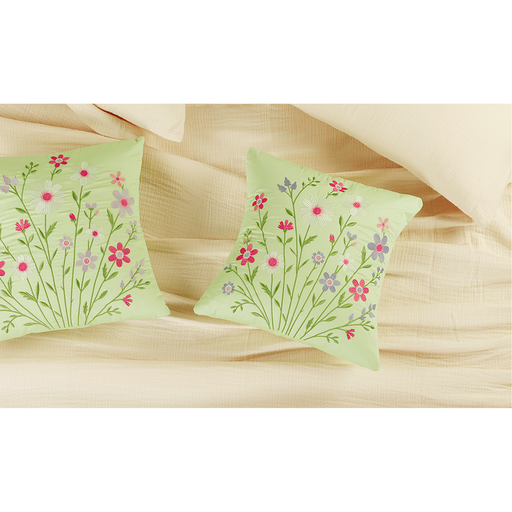 Bloom Elan Mulmul Bed Spread with Embroidered Cushion Covers