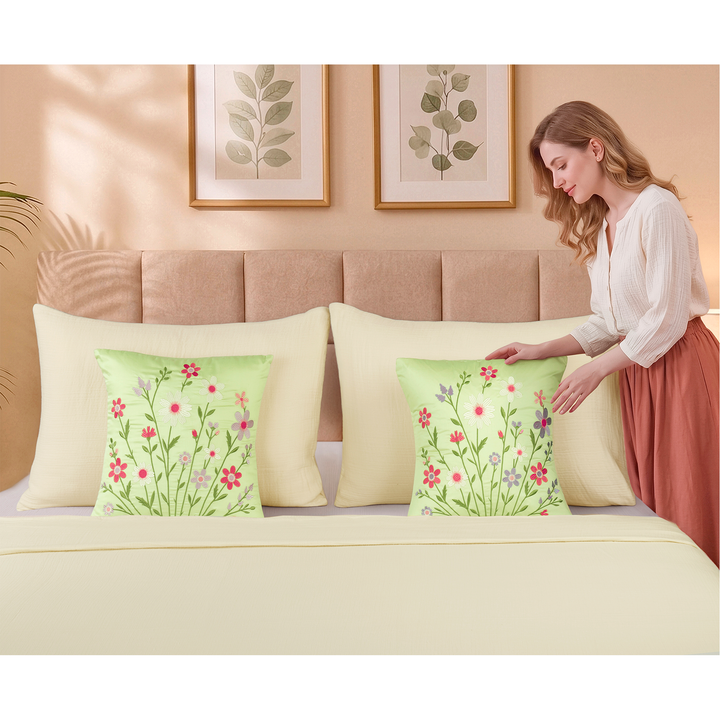 Bloom Elan Mulmul Bed Spread with Embroidered Cushion Covers