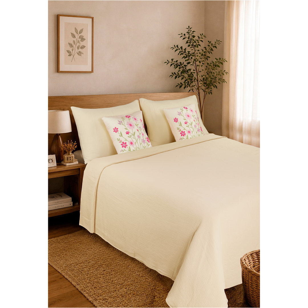 Bloom Elan Mulmul Bed Spread with Embroidered Cushion Covers