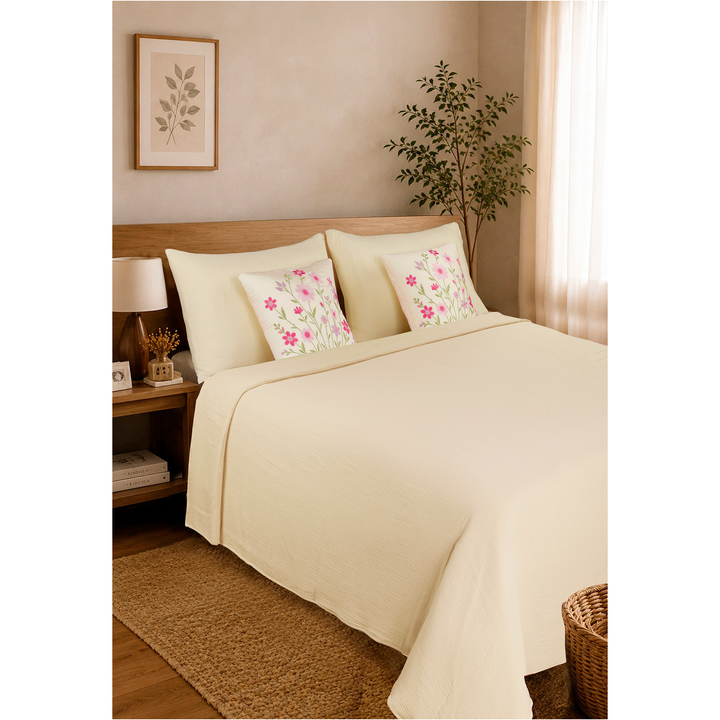 Bloom Elan Mulmul Bed Spread with Embroidered Cushion Covers
