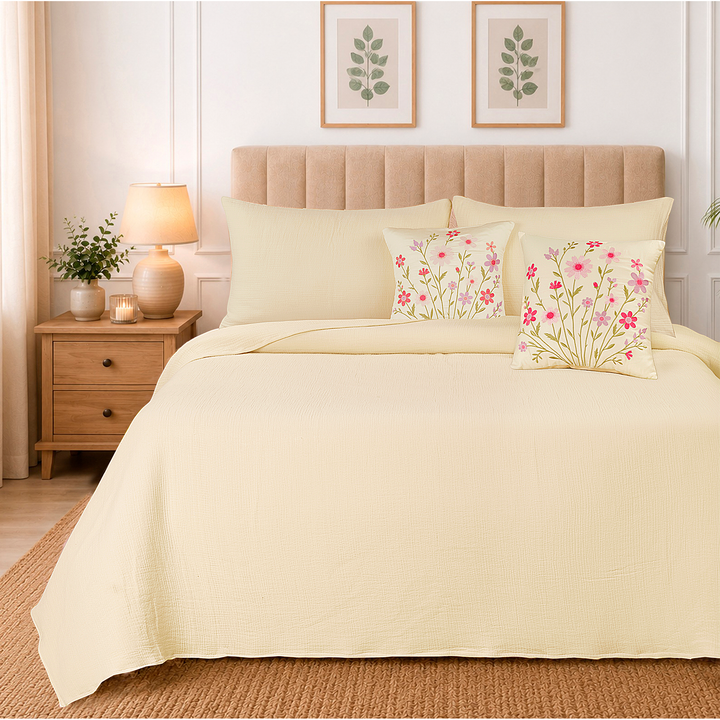 Bloom Elan Mulmul Bed Spread with Embroidered Cushion Covers