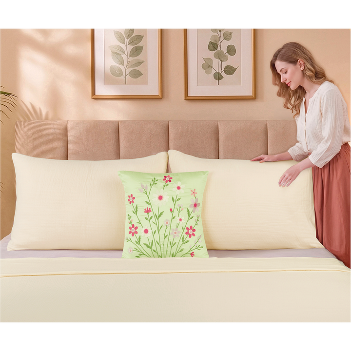 Bloom Elan Mulmul Bed Spread with Embroidered Cushion Covers