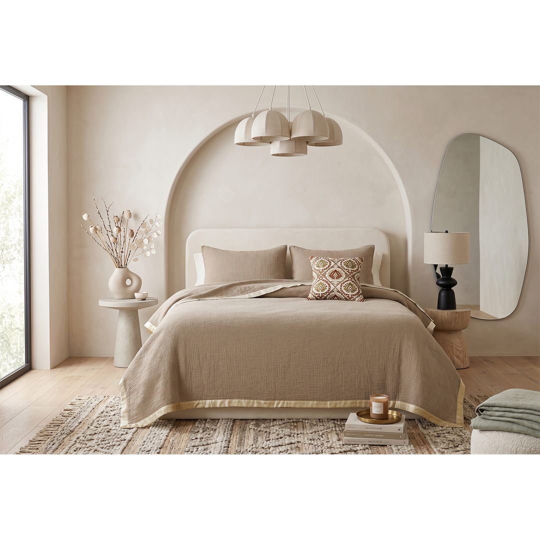 Dune Harmony Mulmul Bed Spread with Embroidered Cushion Covers