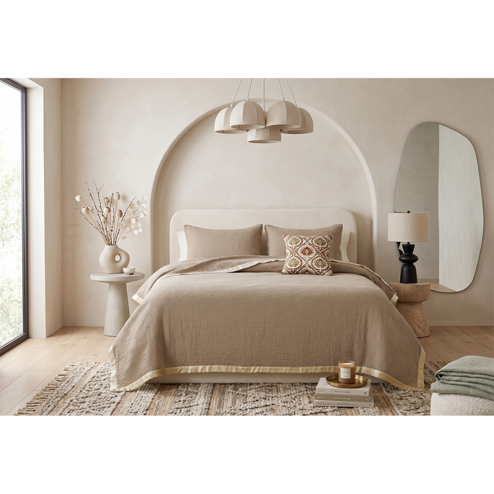Dune Harmony Mulmul Bed Spread with Embroidered Cushion Covers