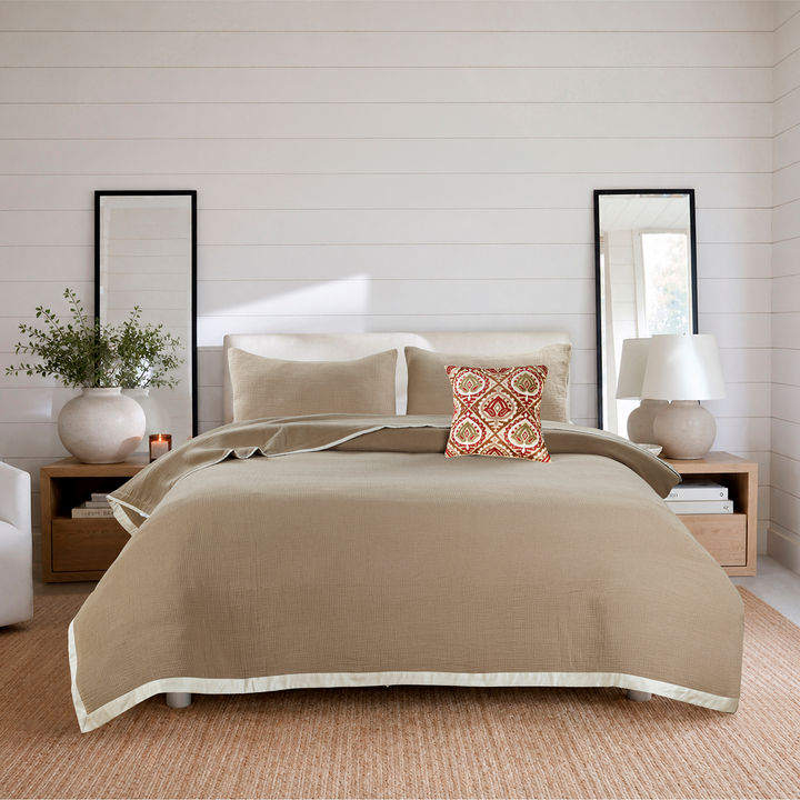Dune Harmony Mulmul Bed Spread with Embroidered Cushion Covers