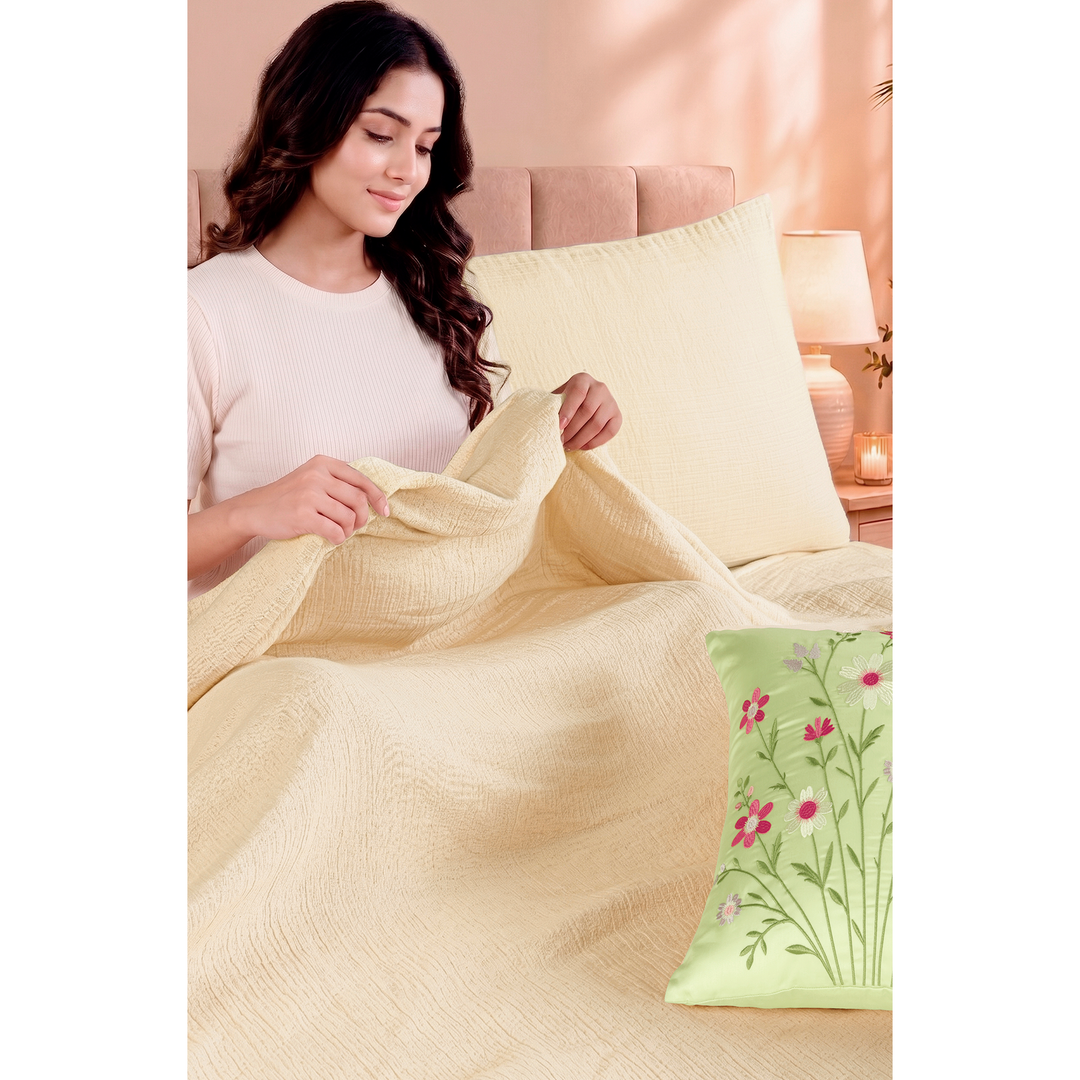 Bloom Elan Mulmul Bed Spread with Embroidered Cushion Covers