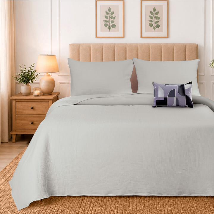 Silver Cloud Elan Mulmul Bed Spread with Embroidered Cushion Covers