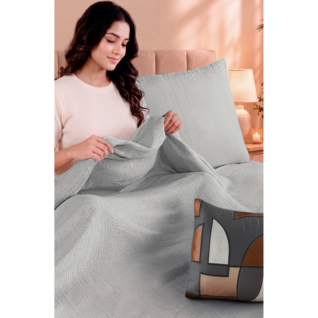 Silver Cloud Elan Mulmul Bed Spread with Embroidered Cushion Covers