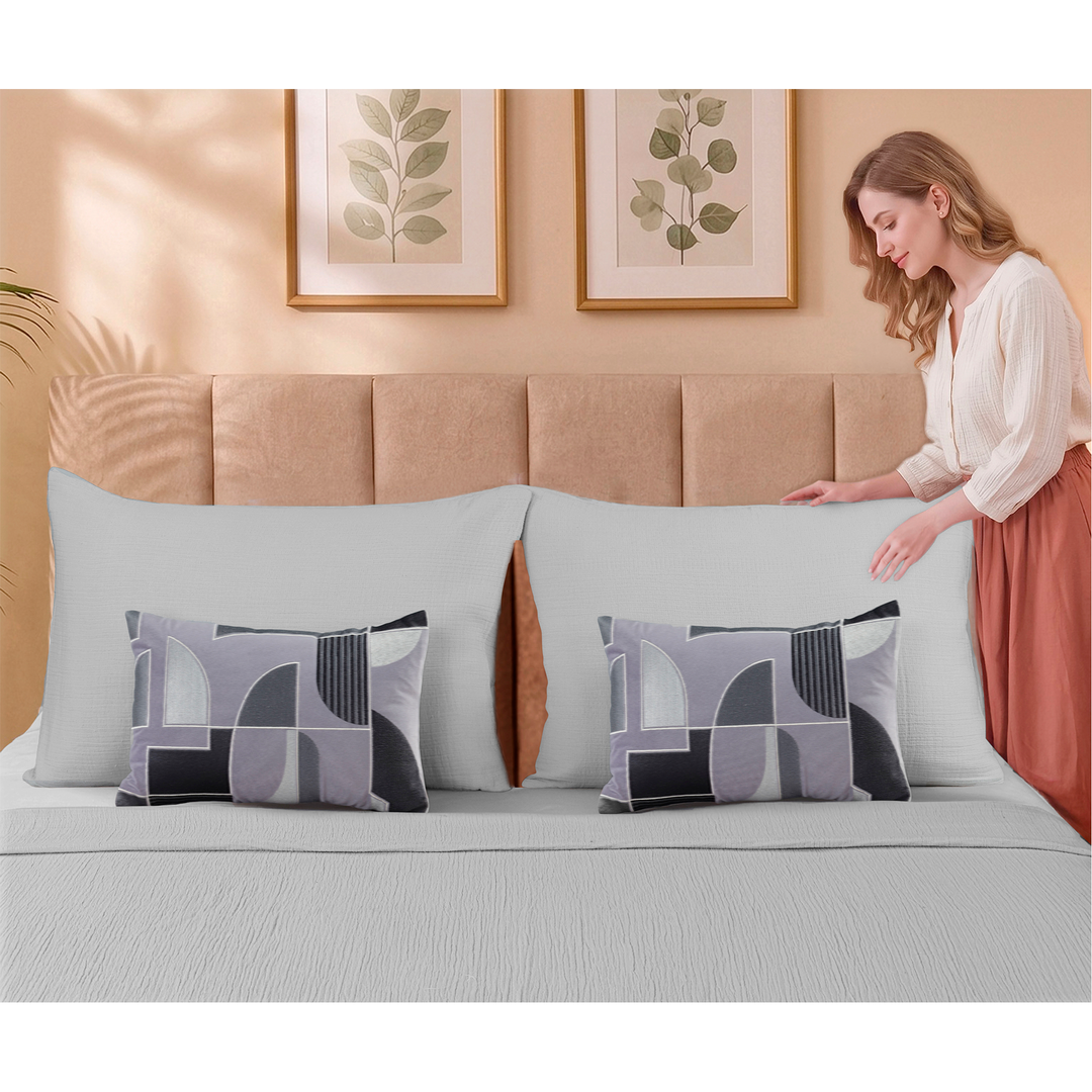 Silver Cloud Elan Mulmul Bed Spread with Embroidered Cushion Covers