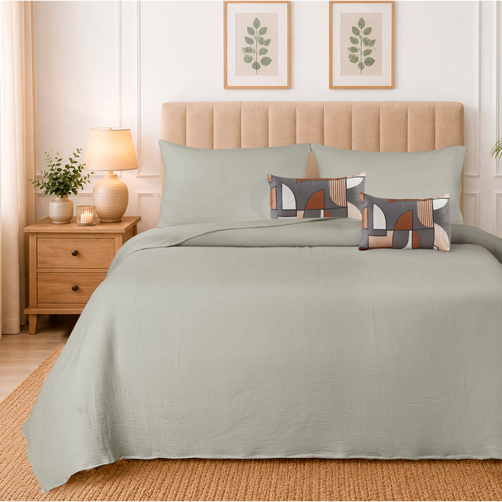 Silver Cloud Elan Mulmul Bed Spread with Embroidered Cushion Covers