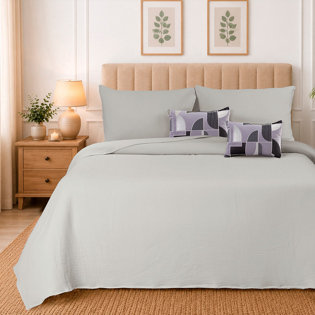 Silver Cloud Elan Mulmul Bed Spread with Embroidered Cushion Covers
