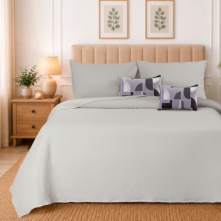 Silver Cloud Elan Mulmul Bed Spread with Embroidered Cushion Covers