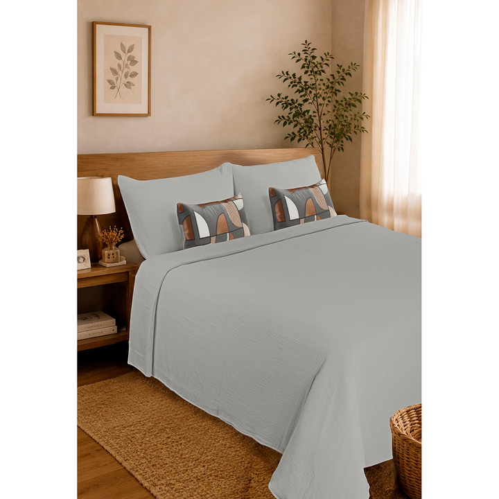 Silver Cloud Elan Mulmul Bed Spread with Embroidered Cushion Covers