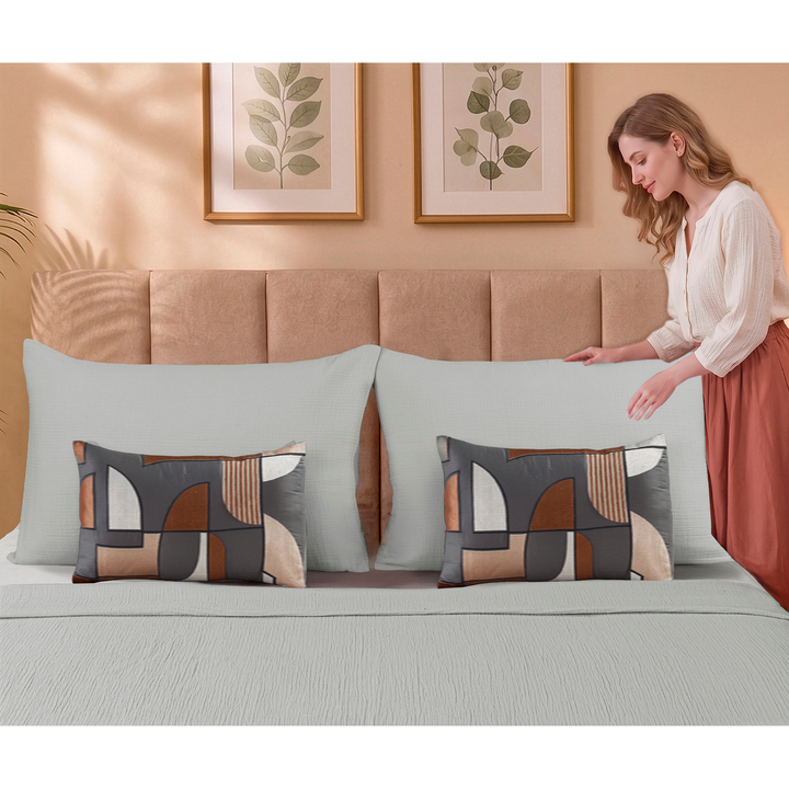 Silver Cloud Elan Mulmul Bed Spread with Embroidered Cushion Covers