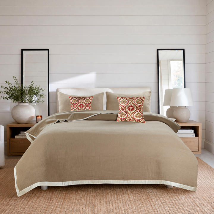 Dune Harmony Mulmul Bed Spread with Embroidered Cushion Covers