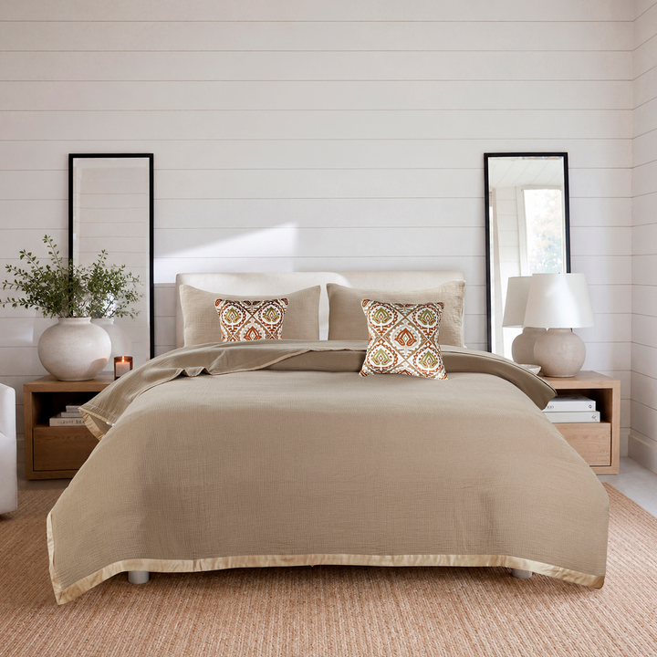 Dune Harmony Mulmul Bed Spread with Embroidered Cushion Covers