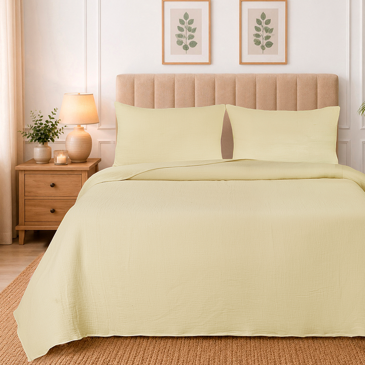 Bloom Elan Mulmul Bed Spread with Embroidered Cushion Covers