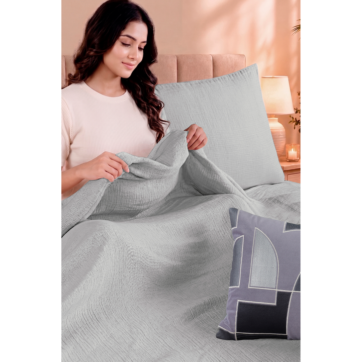 Silver Cloud Elan Mulmul Bed Spread with Embroidered Cushion Covers